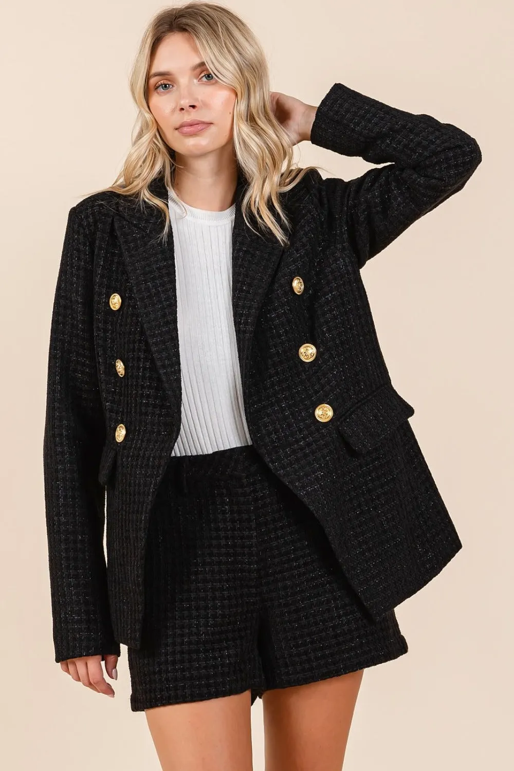 Vendela Plaid Texture Double-Breasted Long Sleeve Blazer