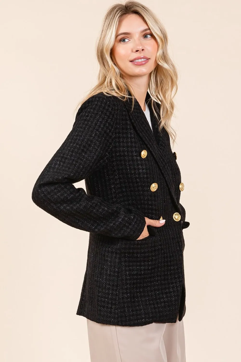 Vendela Plaid Texture Double-Breasted Long Sleeve Blazer