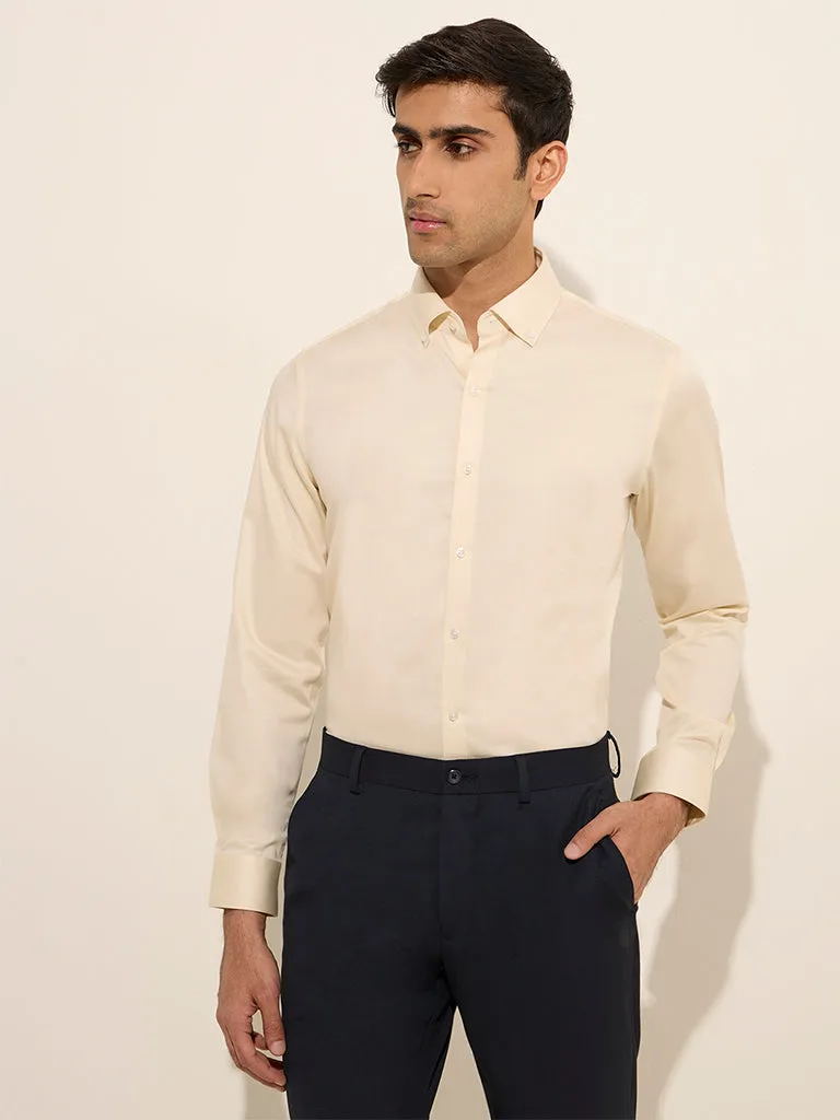 WES Formals Light Yellow Slim-Fit Cotton-Blend Shirt