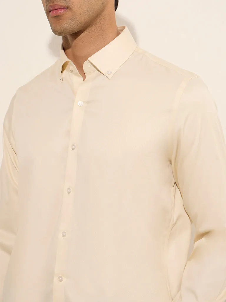 WES Formals Light Yellow Slim-Fit Cotton-Blend Shirt