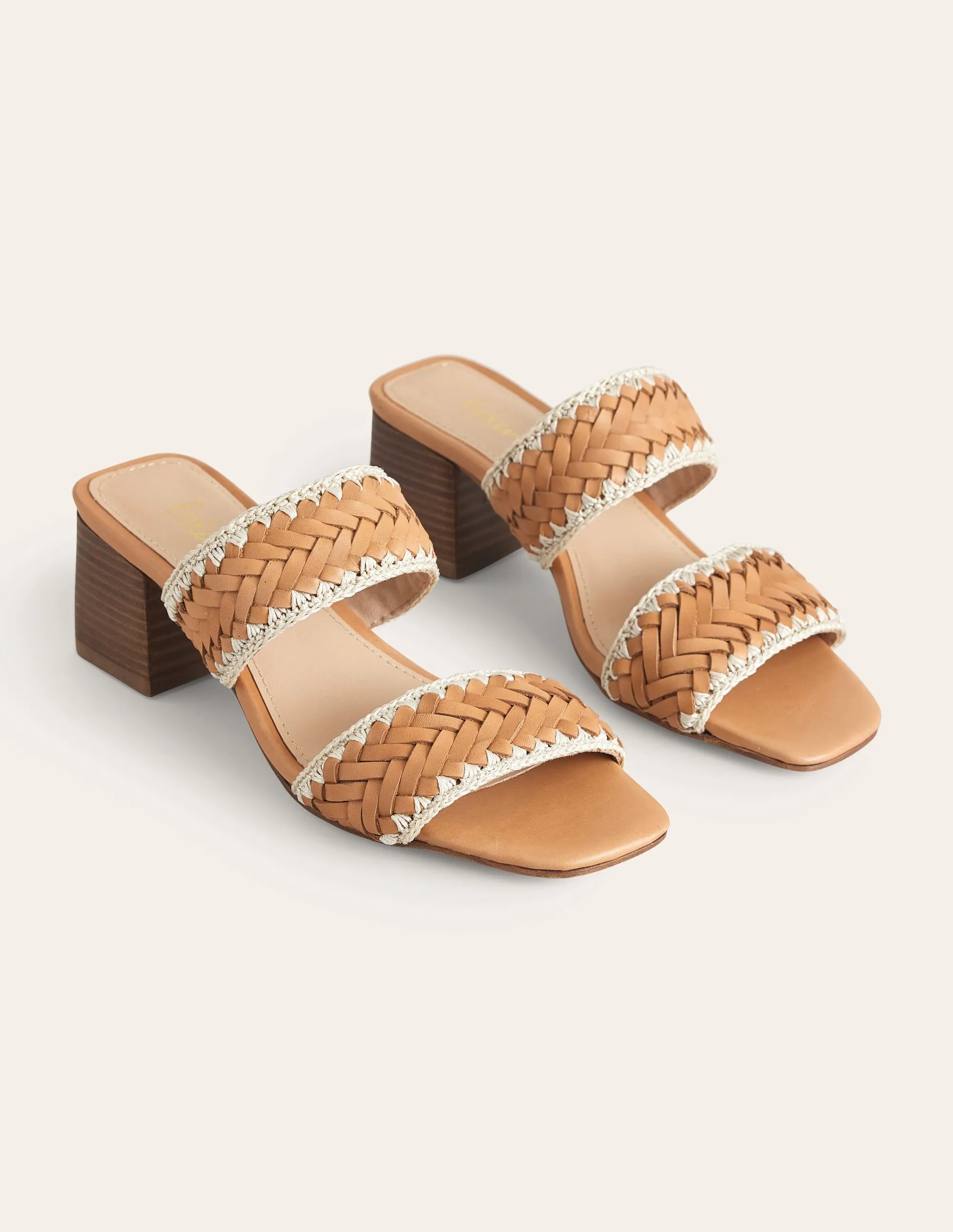 Woven Strap Heeled Sandals-Tan Woven Leather